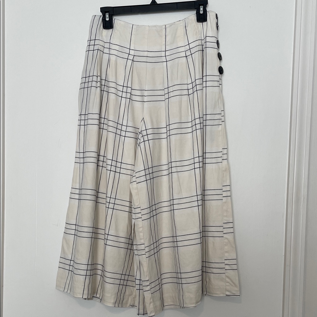 Anthropologie Maeve Cream Plaid Linen Blend Pleated Culottes Size 4